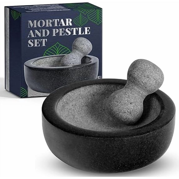 Umien™ 8" Granite Mortar and Pestle Set | Black Guacamole Bowl Molcajete for Grinding Spices, Herbs, and Sauces | Includes Avocado Tool