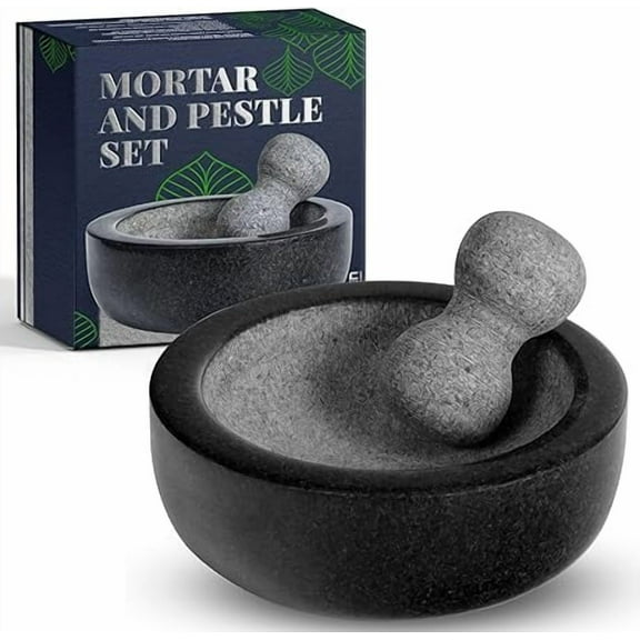 Umienâ„¢ 8" Granite Mortar and Pestle Set | Black Guacamole Bowl Molcajete for Grinding Spices, Herbs, and Sauces | Includes Avocado Tool
