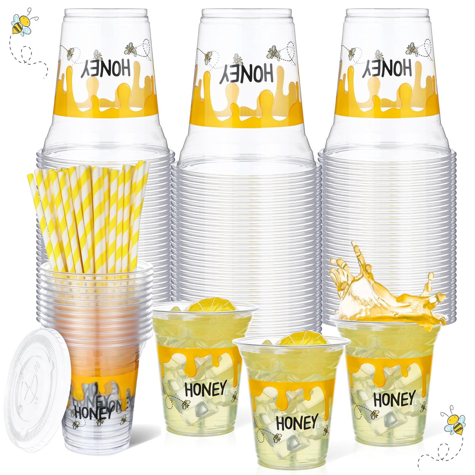 Umigy 100 Pack Honey Bee Plastic Disposable Cups with Lids and Straws ...