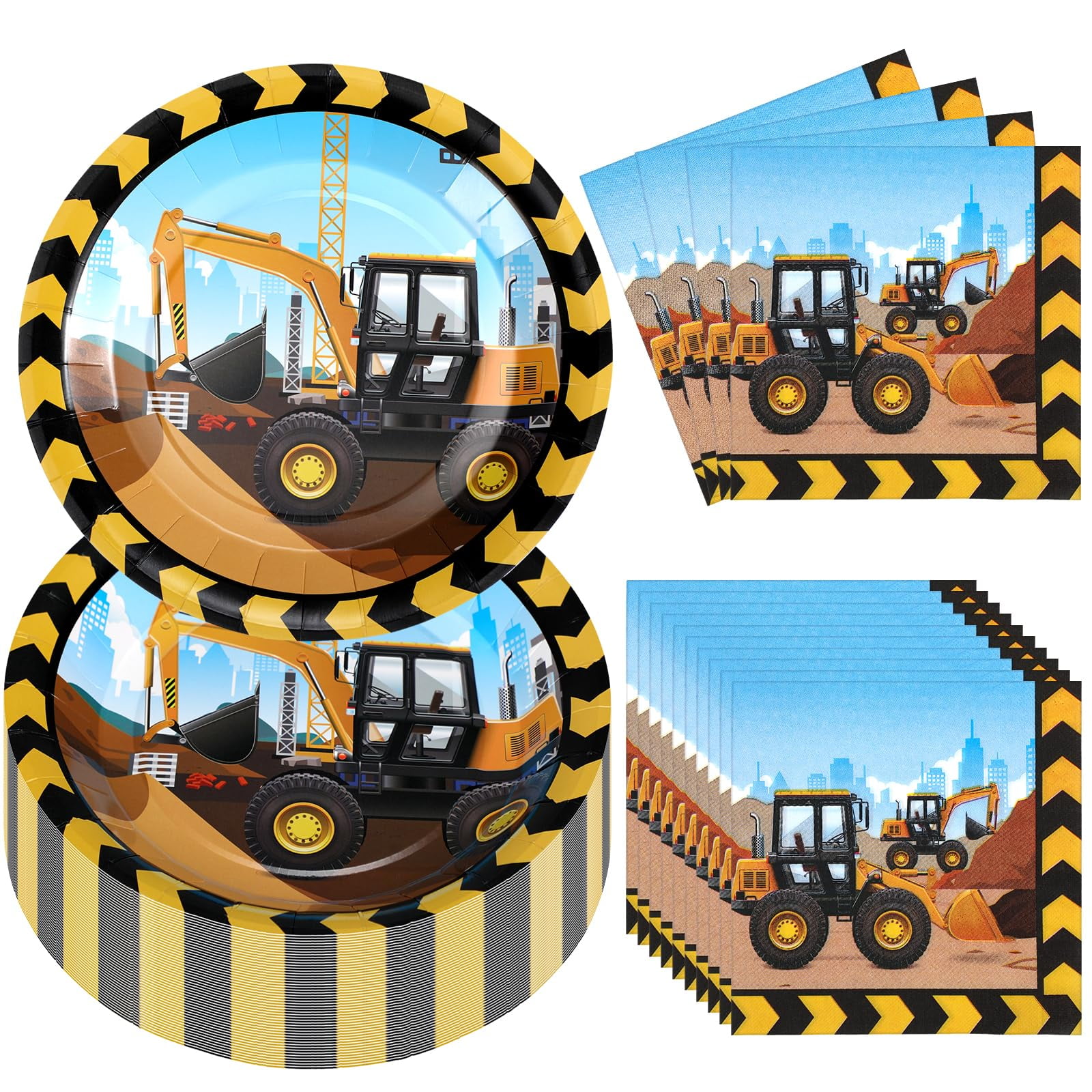 Umigy 120 Pcs Construction Birthday Party AFN1Supplies Disposable Paper Plates and Napkins Set for Kids Transportation Decorations Dump Truck Themed Dinner Dessert Tableware Set Serves 50 Guest