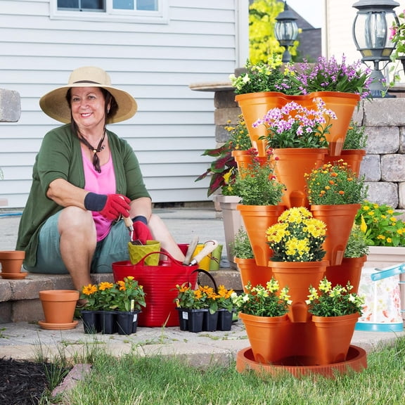 Umigy 2 Set 5 Tier Stackable Planters Vertical Garden Planters for Strawberry Herb Flower and Vegetable Indoor Outdoor Gardening Pots with Removable Wheels and Bottom