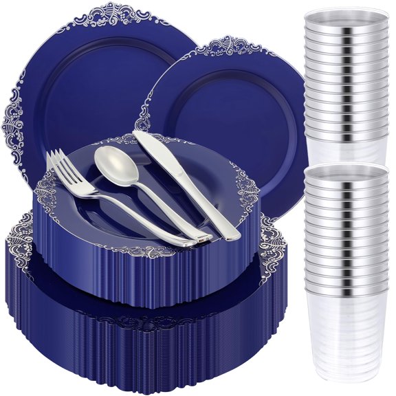 Umigy 300 Pcs Navy Blue and AFN1Silver Plastic Sets Serve 50 Guests Include 50 Dinner Plates, 50 Dessert Plates, 50 Knives, 50 Forks, 50 Spoons and 50 Cups for Weddings Birthday Party Supplies