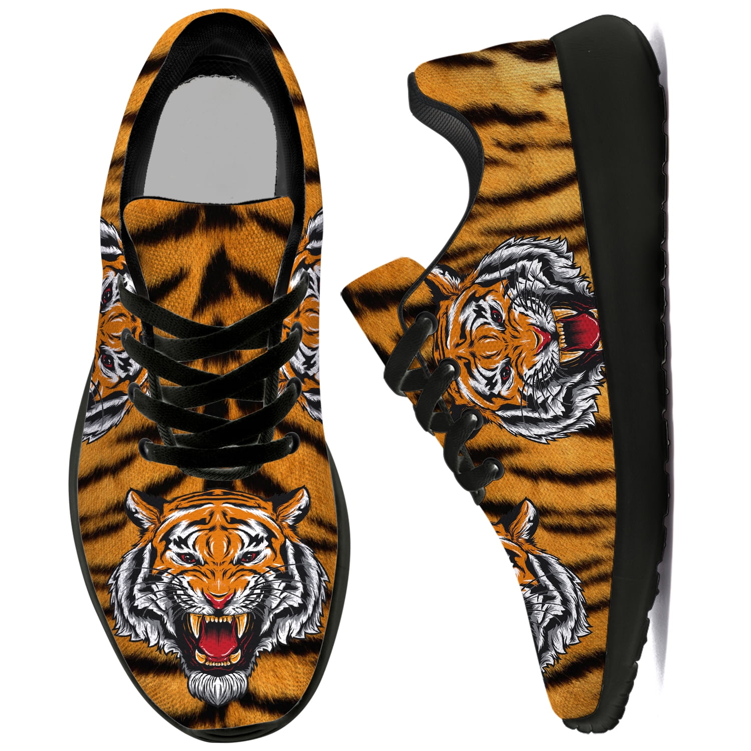 White Tiger Pattern Print Black Sneaker Shoes For Men Women