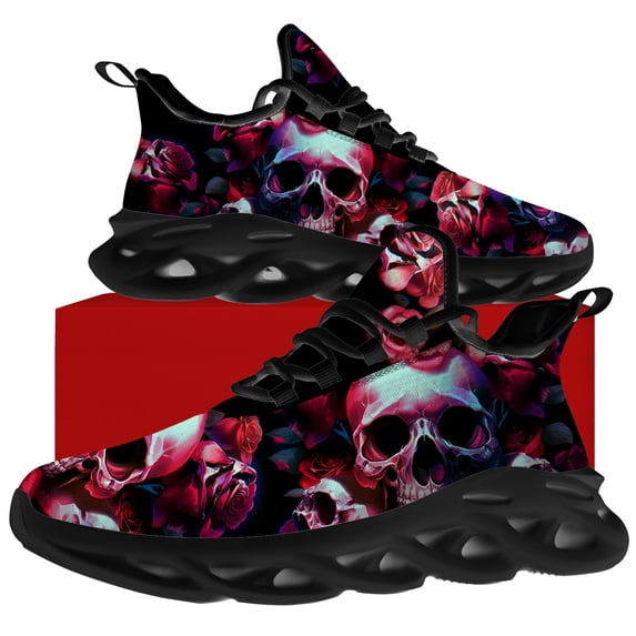 Uminder Womens Fashion Sneakers Flower Skull Sneakers Black Shoes Size 10