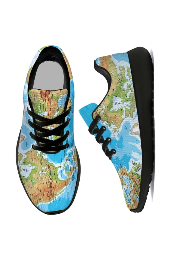 Womens Tennis Shoes World Map Sneakers Black Shoes Size 6.5