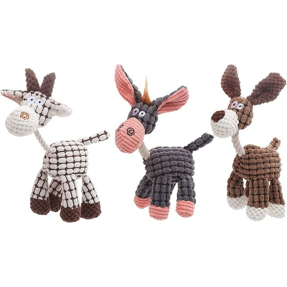Uminens Squeaky Plush Dog Toys, 3 Pack Stuffed Animal Plush Chew Toys with Squeakers, Stuffed Dog, Donkey & Goat for Teeth Cleaning, for Small Medium Dogs