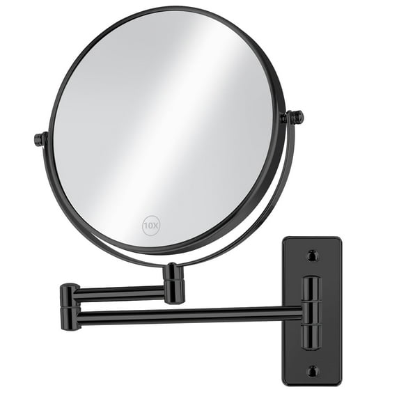 Umirokin 8-Inch Circular Iron Flat Wall Mounted Bathroom Face Mirror with Foldable Feature, 10X Magnification, Black