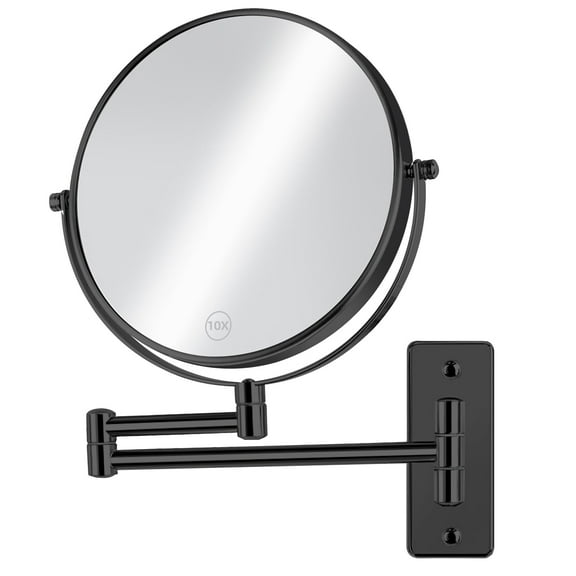 Umirokin 8-Inch Circular Iron Flat Wall Mounted Bathroom Face Mirror with Foldable Feature, 10X Magnification, Black