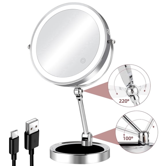 Umirokin 8"Magnifying Mirror with Light, Height Adjustable Desktop Mirror, Double Side 1x/10x Lighted Makeup Mirror, Swivel Vanity Mirror with Stand Brightness Adjustable Cosmetic Mirror Chrome