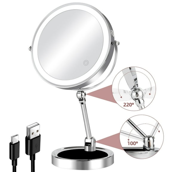 Umirokin 8"Magnifying Mirror with Light, Height Adjustable Desktop Mirror, Double Side 1x/10x Lighted Makeup Mirror, Swivel Vanity Mirror with Stand Brightness Adjustable Cosmetic Mirror  Chrome