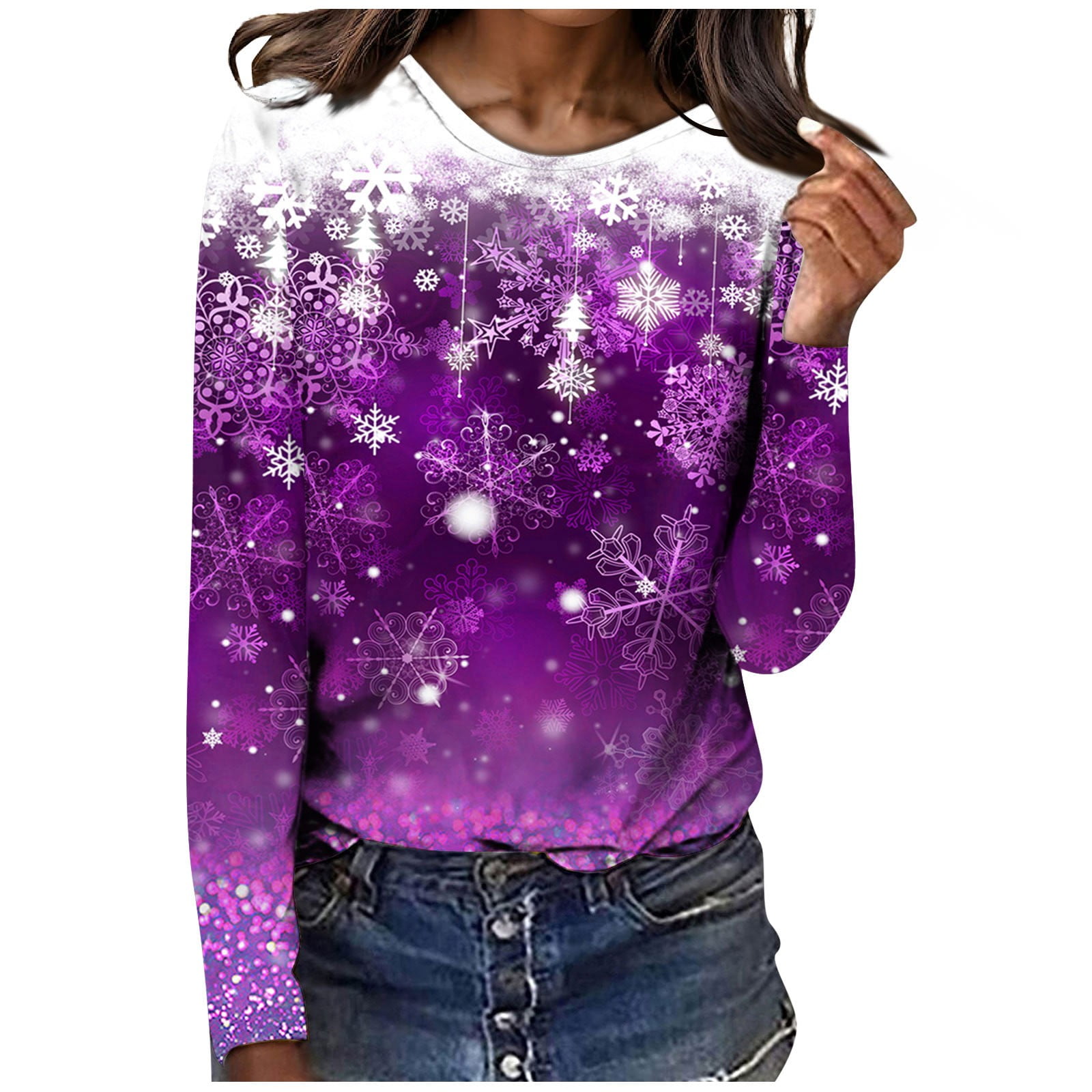 Umitay Christmas Sweater Women's Fashion Casual Long Sleeve Christmas Day  Print Round Neck Pullover Top Blouse 