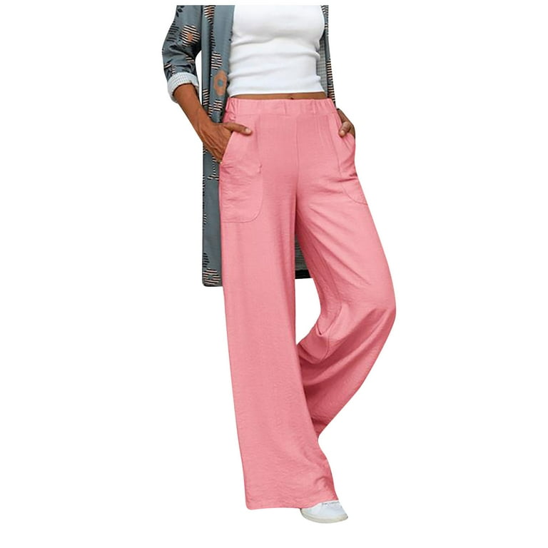 Umitay Ladies Solid Color Cotton Linen Elastic Waist Loose Wide Leg Pants  Casual Pants linen pants for women