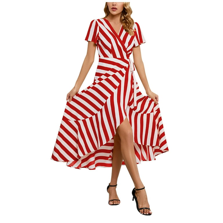 Umitay Plus Size DressWomen's Fashion V-neck Beach Dress Stripe Printed  Irregular Tunic Maxi dress 