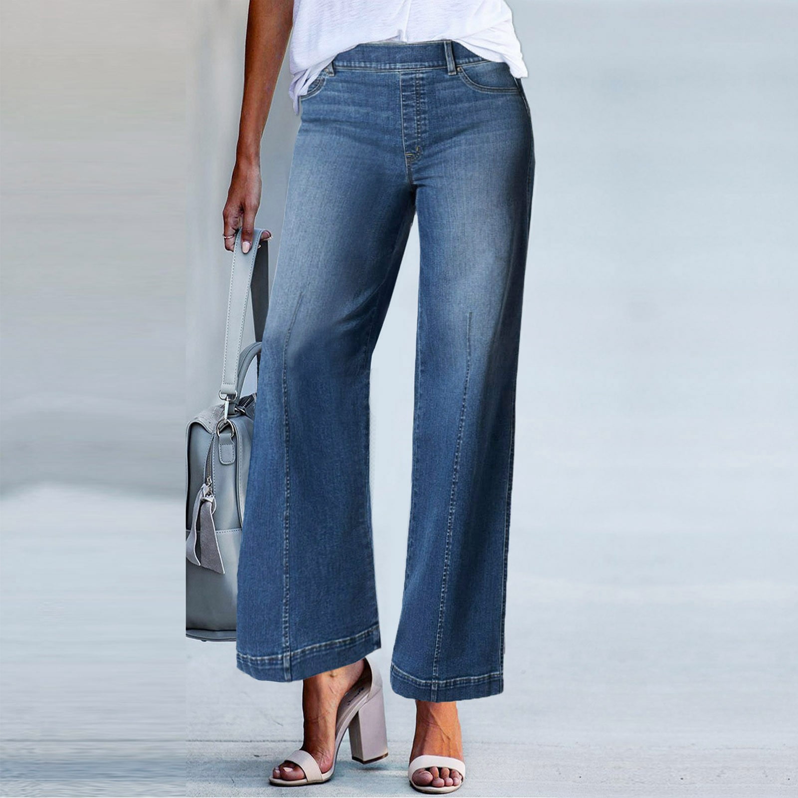 Umitay Women Seamed Front Wide Leg Jeans Elastic Waist Stretch Denim Flare Jeans High Waisted Jean Bell Bottom Cropped Pants Walmart