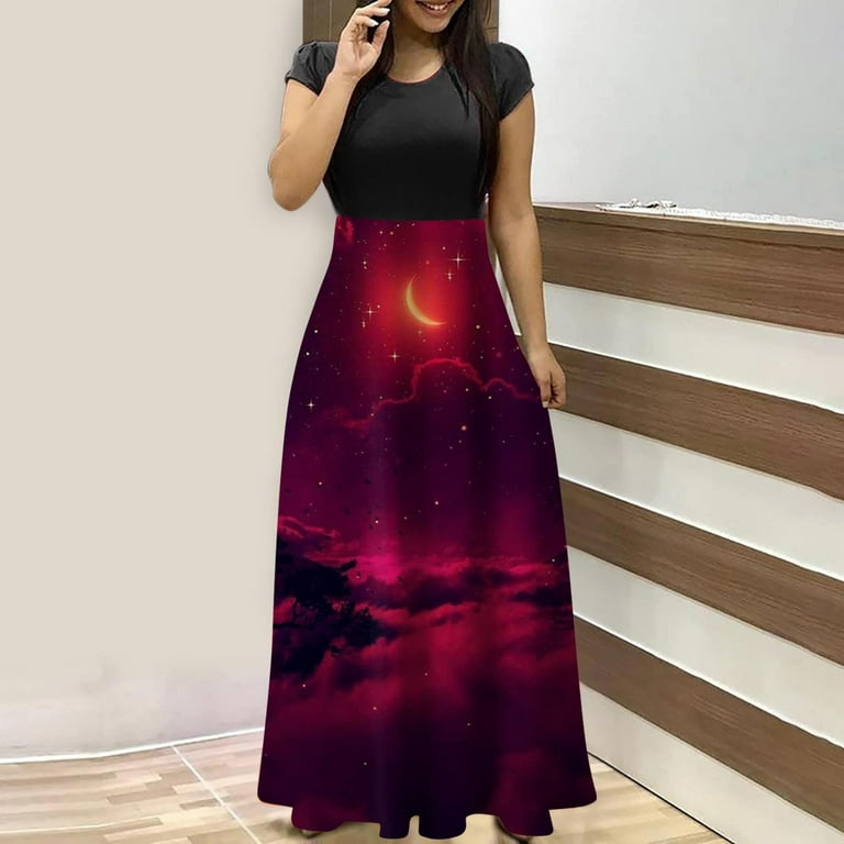 Umitay a line dresses for women 2940 Women's Fashion Casual Print Round  Neck Short Sleeve Floor-length Dress 