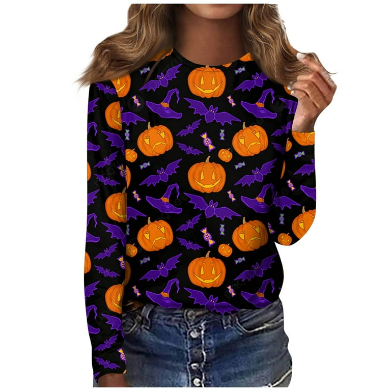 Umitay dress blouses for women Women's Fashion Casual Long Sleeve Halloween  Print Round Neck Pullover Top Blouse 