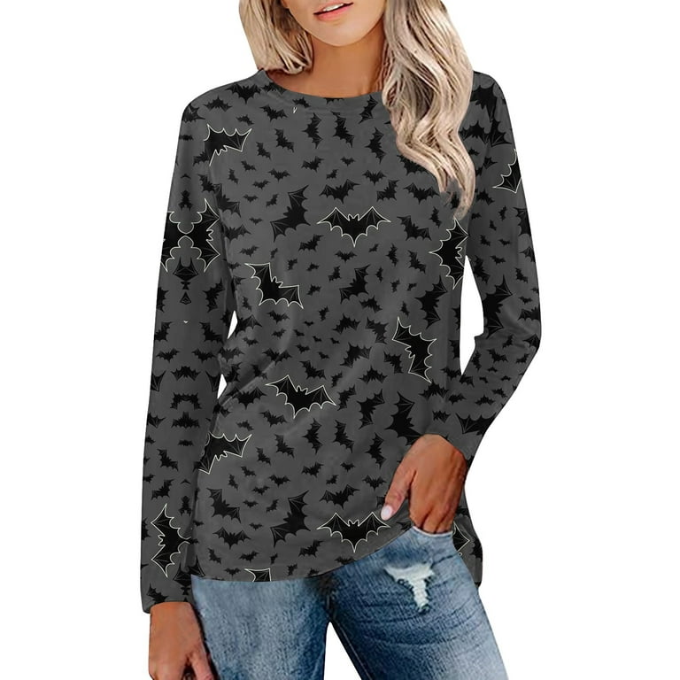 Ollysqiar Halloween Sweatshirts for Women,Womens Long Sleeve Tees Round  Neck Bar Brushed Hem Solid Color Button T Shirt at  Women’s Clothing