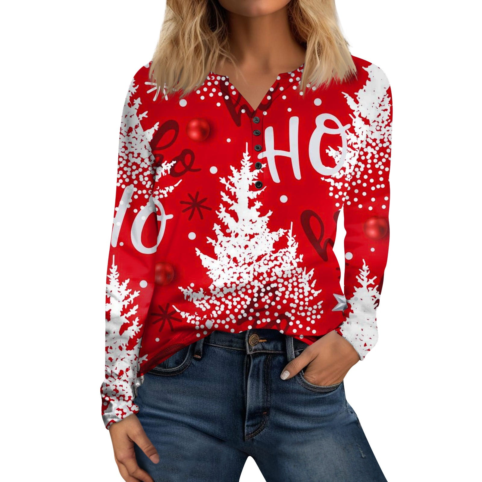 Umitay women's christmas tops Women's Button Neck Casual Everyday Tops