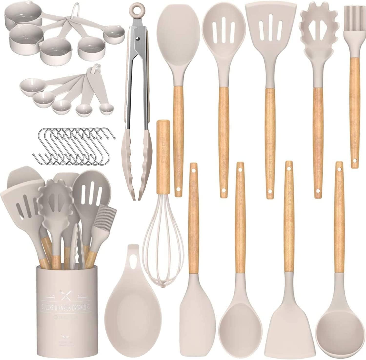 Cream White 33-Piece Silicone and Wood Cooking Utensil Set