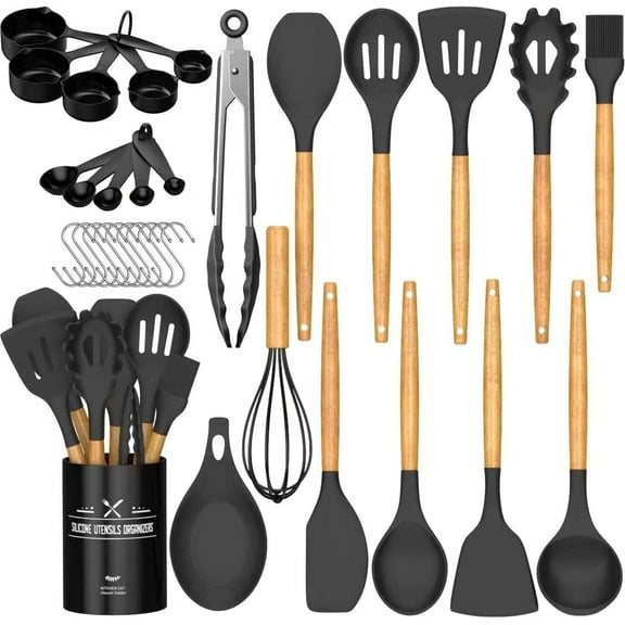 Umite Chef Kitchen Cooking Utensils Set, 33 pcs Non-Stick Silicone Cooking Kitchen Utensils Spatula Set with Holder, Wooden Handle Silicone Kitchen Gadgets Utensil Set (Khaki)