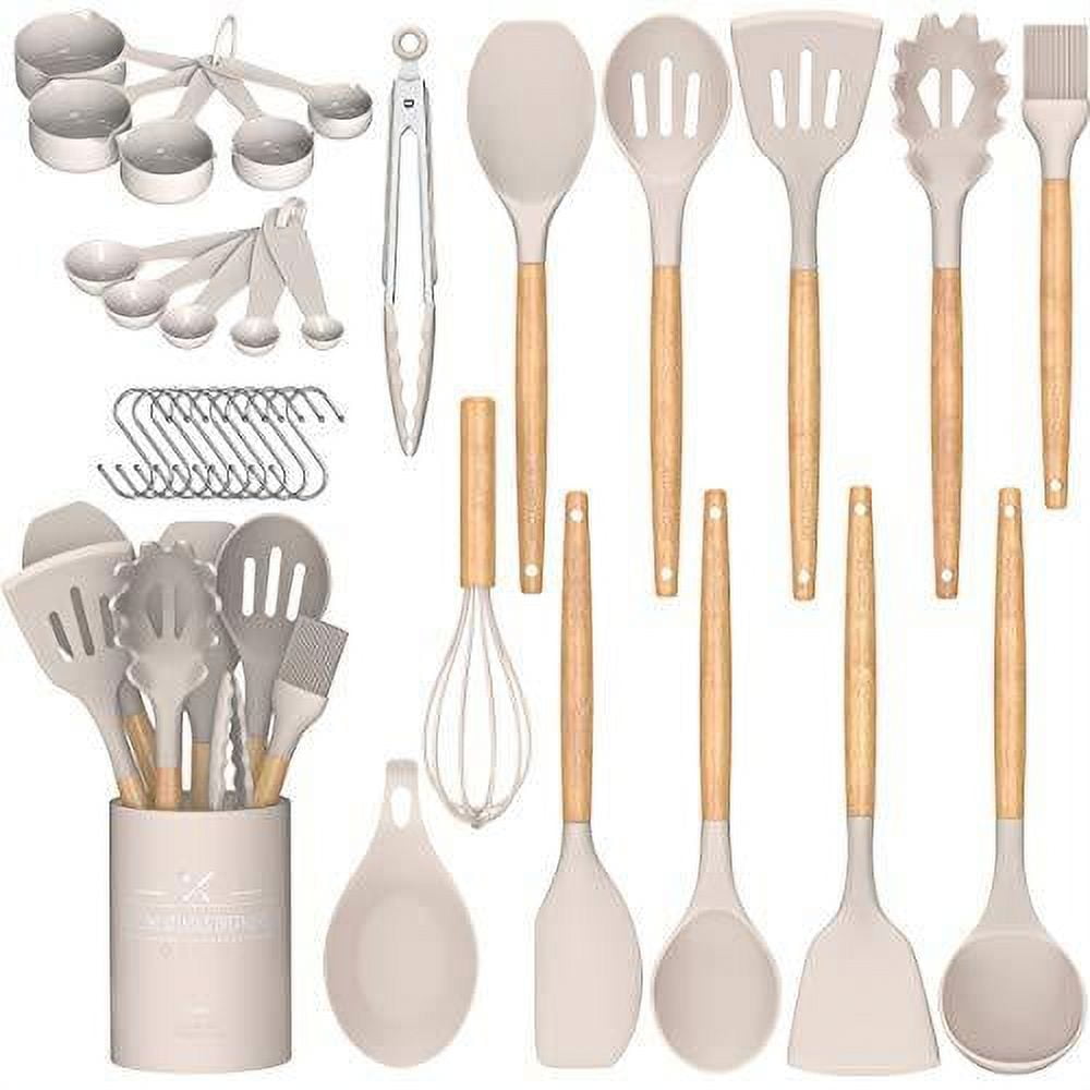 Aoibox 33-Piece Silicon Cooking Utensils Set with Wooden Handles and Holder  for Non-Stick Cookware, Khaki SNPH002IN477 - The Home Depot