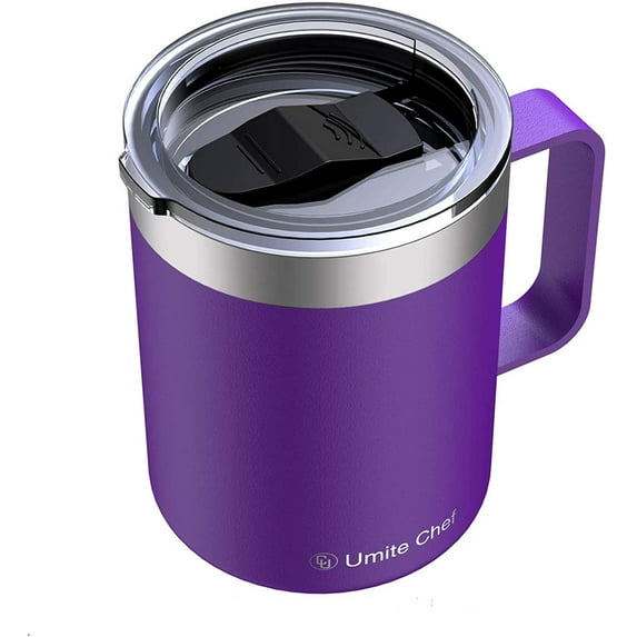 Umite Chef Stainless Steel Insulated Coffee Mug Tumbler with Handle, 12 oz Double Wall Vacuum Tumbler Cup with Lid Insulated Camping Tea Flask for Hot & Cold Drinks(Purple)