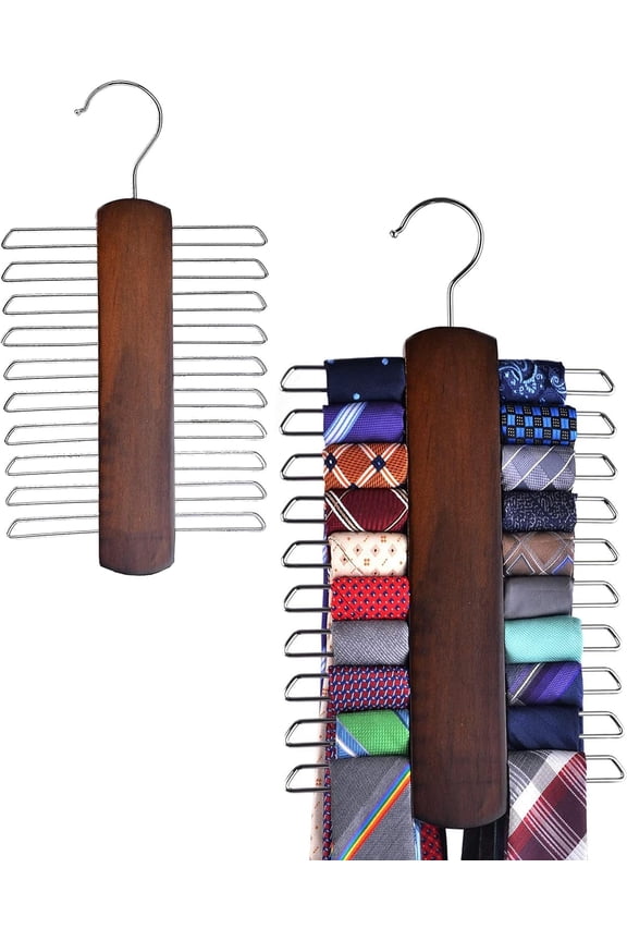 2 Pack Premium Wooden Necktie and Belt Hanger, Walnut Wood Center Organizer and Storage Rack with a Non-Slip Finish - 20 Hooks