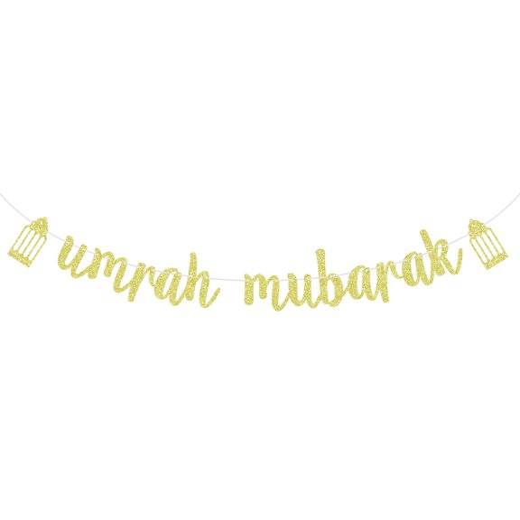Umrah Mubarak Banner, Eid Festival Bunting Sign, Eid Mubarak, Muslim Ramadan Party Decorations Gold Glitter