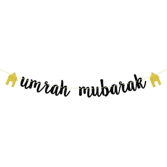 Umrah Mubarak Banner | Gold Glitter Eid Decorations & Party Supplies (Gold & Black)