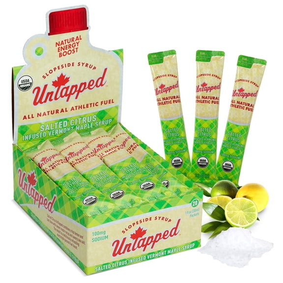 UnTapped Salted Citrus Infused Vermont Maple Syrup Packets for Athletes, Box of 20 - 1 fl oz | Pure Maple Syrup with Refreshing Citrus Flavor and Sea Salt for Endurance Energy | Fuel to Keep You Runn