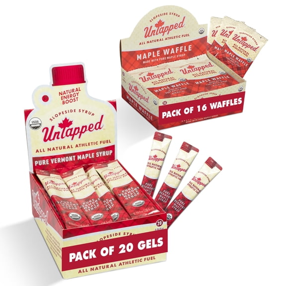 UnTapped Pure Maple Syrup Packets & Maple Waffles Bundle | Natural Energy Fuel for Running & Cycling | Single-Serve Energy Gel + Vegan Waffle Snacks for Endurance
