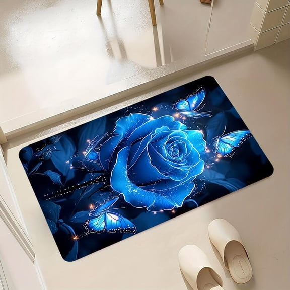 Una lujosa alfombra de tierra de diatomeas adornada con brillantes rosas azules y mariposas, perfecta para la primavera. Ideal para puertas, baños, dormitorios, cocinas, balcones y recibidores.