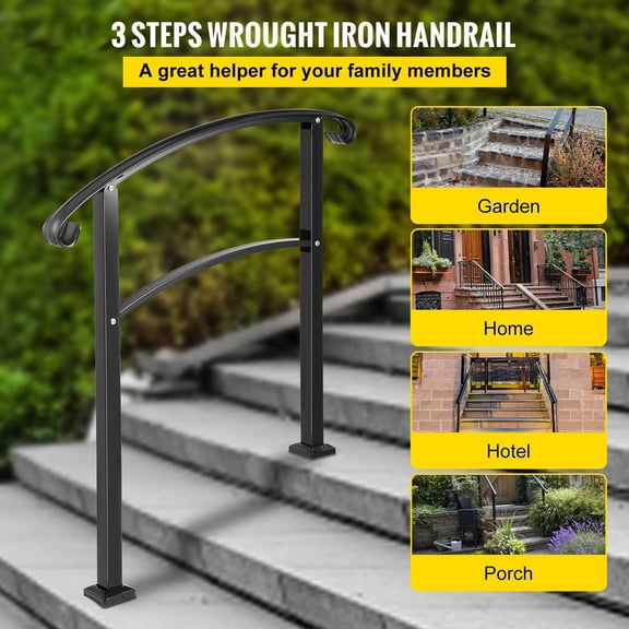 Unadjustable Matte Black Wrought Iron Transitional Handrail for 1 or 3 Outdoor Steps Full Installation Hardware Porch Safety Rail