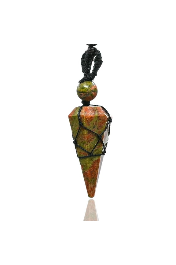 Unakite Crystal Stone Holder Necklace Pendulum, Unique Women Men Necklace (Black Macrame)