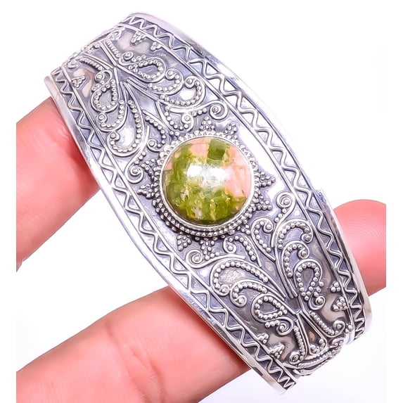 Unakite Jasper 925 S Bali Sterling Silver Jewelry Cuff Adst. C7879-9, Valentine's Day Gift, Birthday Gift, Beautiful Jewelry For Woman & Girls