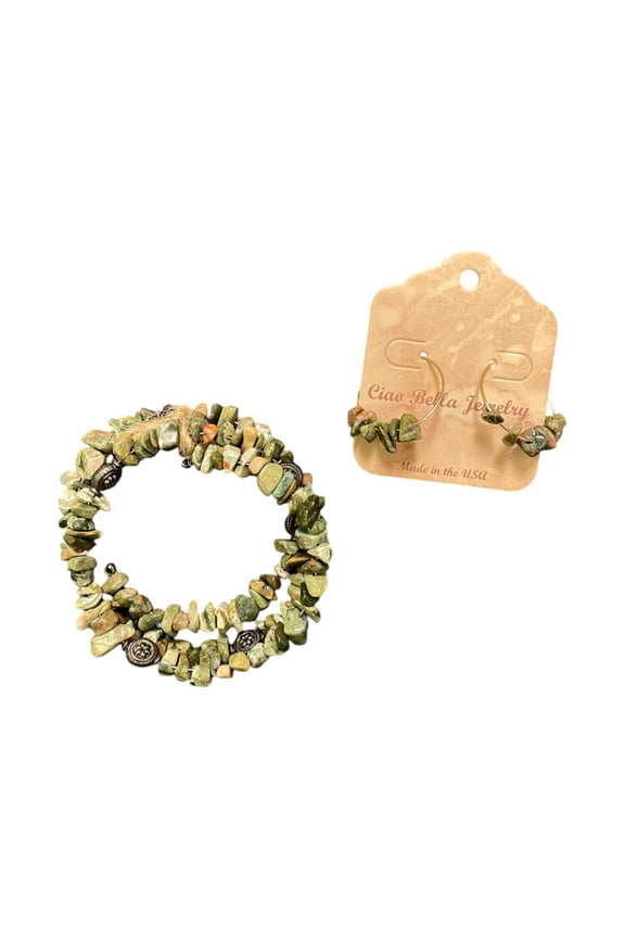 Unakite Jewelry Set, Wrap Bracelet  Hoop Earrings