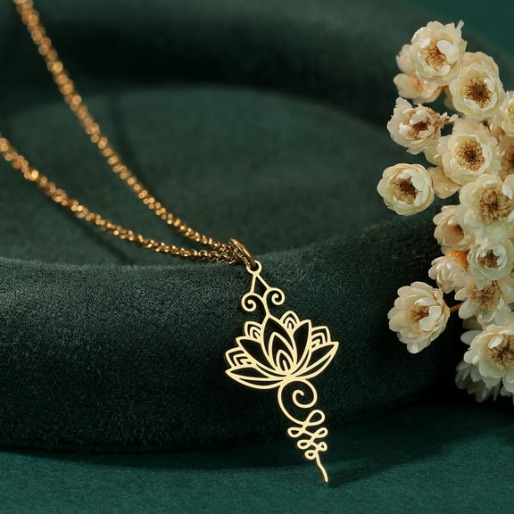 Unalome Lotus Flower Pendant Necklace Stainless Steel Chain for Women Yoga Buddhism Spiritual Jewelry Gift