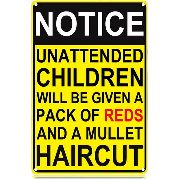 Unattended Children Given Reds Mullet Haircut Sign 8"x12" - Metal Tin Funny Decor for Home Farmhouse Bar Cafe Pub Garage Man Cave