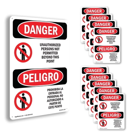 Unauthorized Persons Not Permitted Bilingual OSHA Danger Rigid Plastic Sign 14 Inch x 10 Inch - 10 Pack