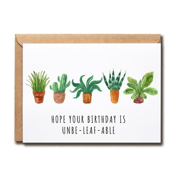 Unbe-Leaf-Able Birthday Card with Potted Plants Design Perfect for Plant Lovers Envelope Included, Blank Inside for Personalized Messages