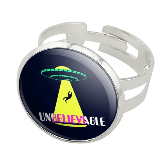 Unbelievable Alien Believe UFO Flying Saucer Silver Plated Adjustable Novelty Ring
