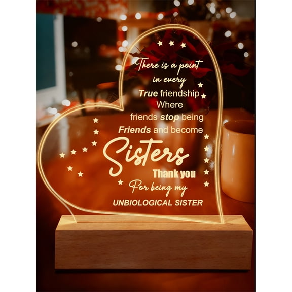 Unbiological Sister Gift for Friend Friendship Acrylic Night Light for Bestie Sister Cute Desk Decoration Acrylic Heart LED Night Light for Friend Women Birthday Gift
