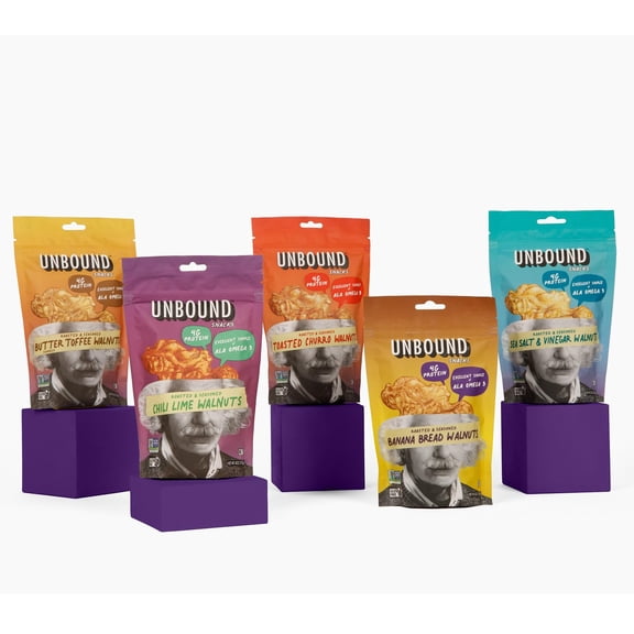 Unbound Snacks Flavored Nuts GGA1 - Variety Walnuts Sampler, 4 oz (Pack of 5) - Healthy Snacks, 4g Protein, High in Omega 3, Gluten Free, Vegan - Freshly Roasted & Seasoned Gourmet Walnut Halves