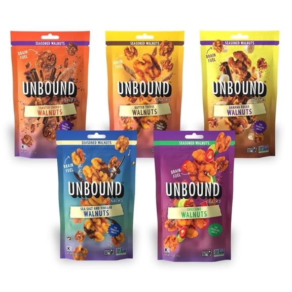 Unbound Snacks Variety Walnut Sampler, 4 oz (Pack of 5), Flavored Gourmet Walnuts, Gluten Free, Vegan