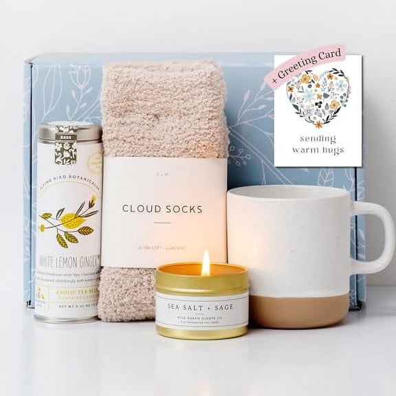 UnboxMe Get Well Soon Gift Basket, Care Package for Women with Cozy Socks, Ceramic Mug, Lemon Ginger Tea Set, Sea Salt, Scented Candle, Sending Hugs Card, Gift Set for Women, Post-Surgery & Wellness