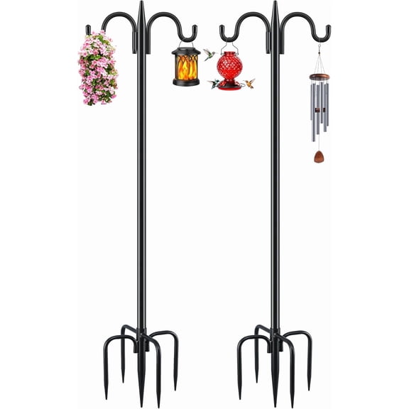 Double Shepherds Hook for Outdoor, 2 Pack 92 Inch Heavy Duty Bird Feeder Pole 3/4 Inch Thick Garden Hooks for Hanging Hummingbird Feeder, Plant Baskets, Solar Light Lanterns