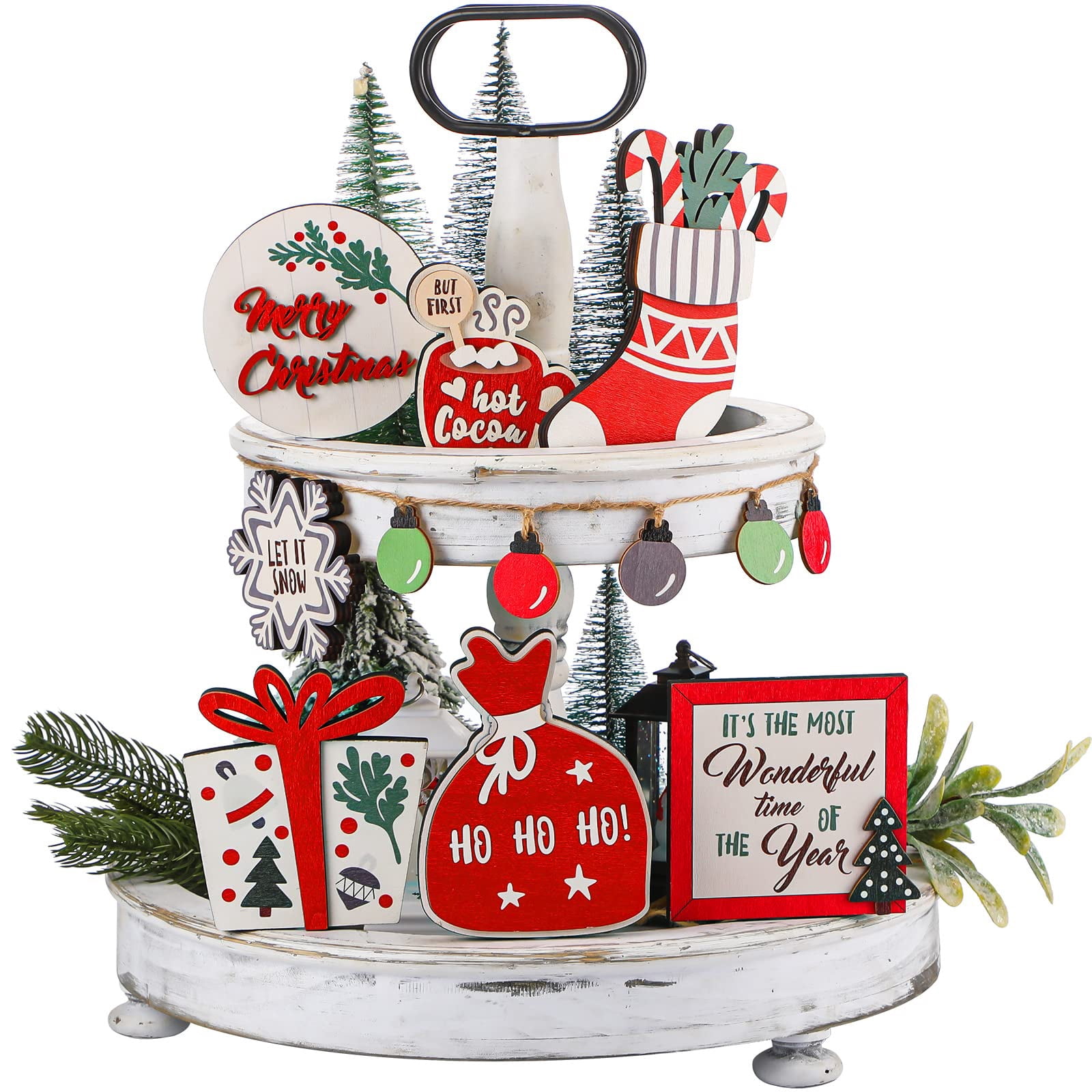 Husfou Christmas Tiered Tray Decorations Kit, 7 Pieces Wooden Table Centerpiece Signs, Farmhouse Tabletop Tiered Tray Set Country Decor for Home Party Supplies