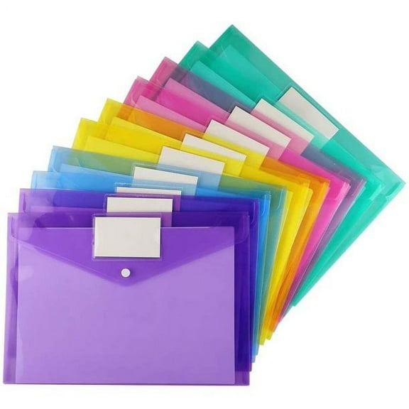 12 Pack Folders Plastic Envelopes, Clear Plastic File Folder for Document, Letter A4 Size Poly File Envelopes with Label Pocket, Snap Button for Home Work Office Organizer, 5 Colors