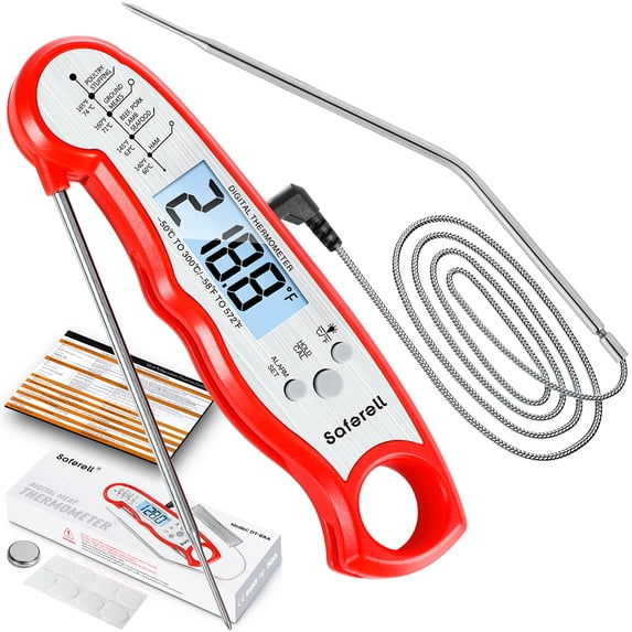 Saferell Meat Thermometer for Cooking, 2-in-1 Digital Instant Read Food Thermometer with Foldable Probe & Oven Safe Wired Probe, Backlight, Alarm Set, and Magnet for BBQ, Grill, and Roast Turkey