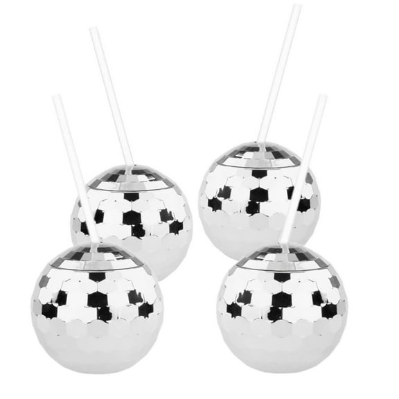 Silver Disco Ball Cup with Lid and Straw, 20oz Cute Sparkly Glitter Cocktail Cup, Set of 4, Party Supplies